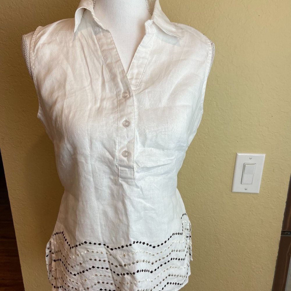 Ecologie Sleeveless Linen Collar Belt White Top Sz S